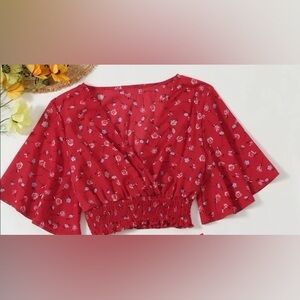 (A2) SHEIN Ditsy Floral Smocked Crop Top | Boho V-Neck Flare Sleeve Blouse S 4